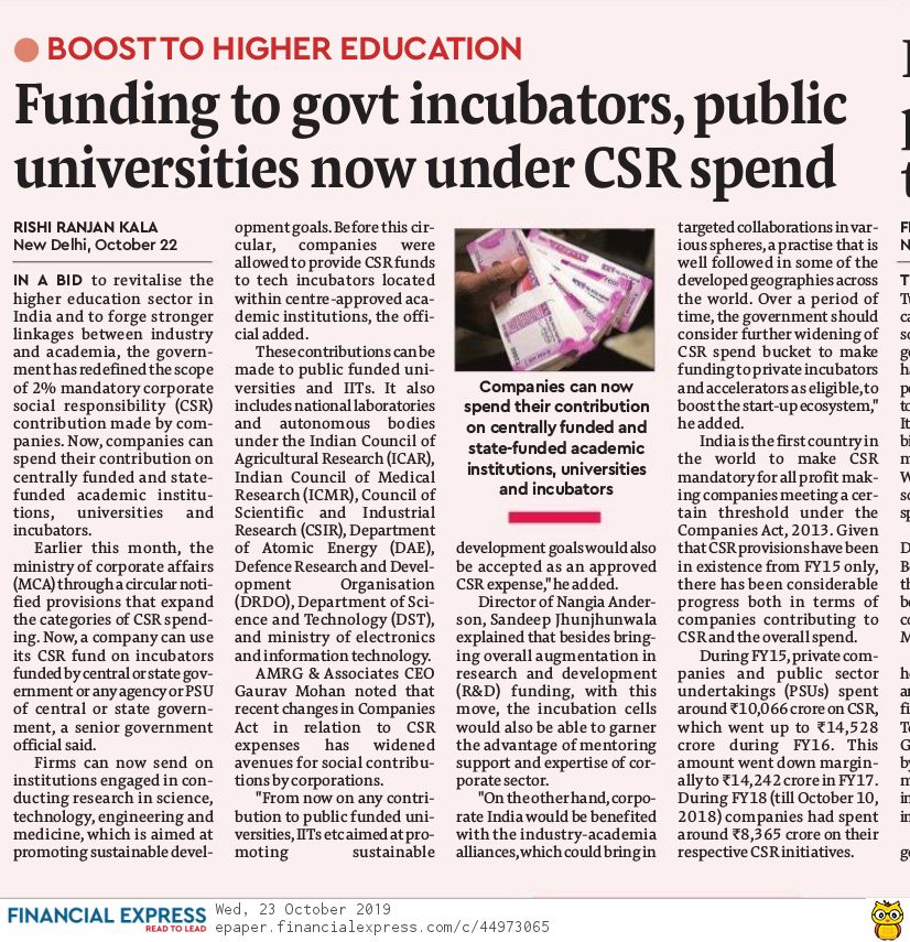 Funding to govt incubators, public universities now under CSR spend